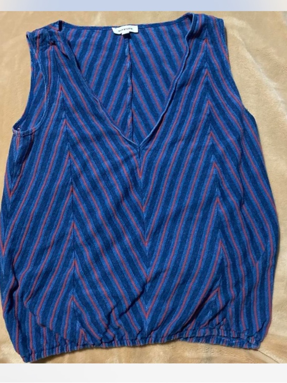Max Studio Navy and Red Striped V-Neck Sleeveless Tank Sz S